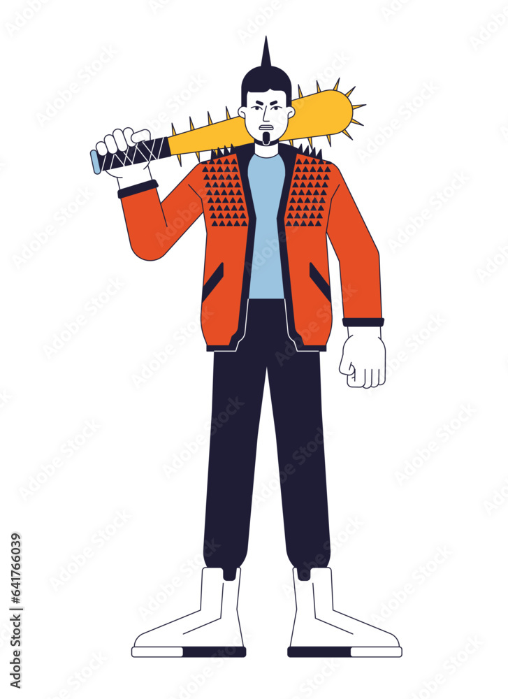 Poster angry rebel man flat line color vector character. protester with basebal bat. holding weapon. editab