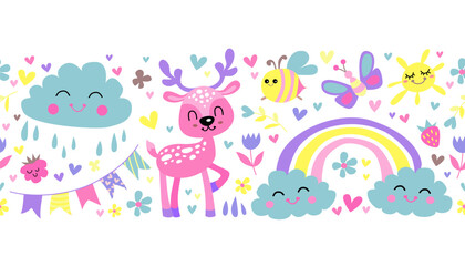 Deer in flower fairy colorful textile border. Vector cartoon cute characters in simple childish hand drawn flat style. Cloud and rainbow.