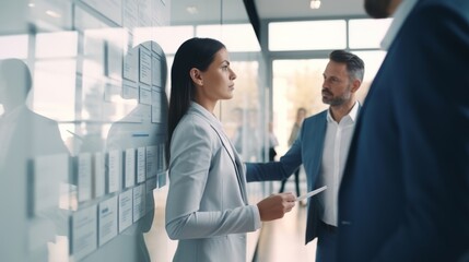 Fototapeta premium creative business meeting brainstorm ideas sharing team of marketing business staff standing discuss find a solution of problem for new project startup business ideas concept