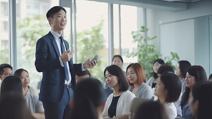 Fototapeta premium Group of business people in seminar formal meeting people in business formal wear cheerful enjoy listening big presentation meeting of company shareholder annual meeting in hall conference room