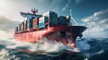 Shipping business, cargo ships carrying containers at sea.