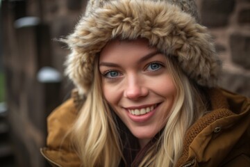 Close-up portrait photography of a merry girl in her 30s wearing a warm trapper hat at the edinburgh castle scotland. With generative AI technology