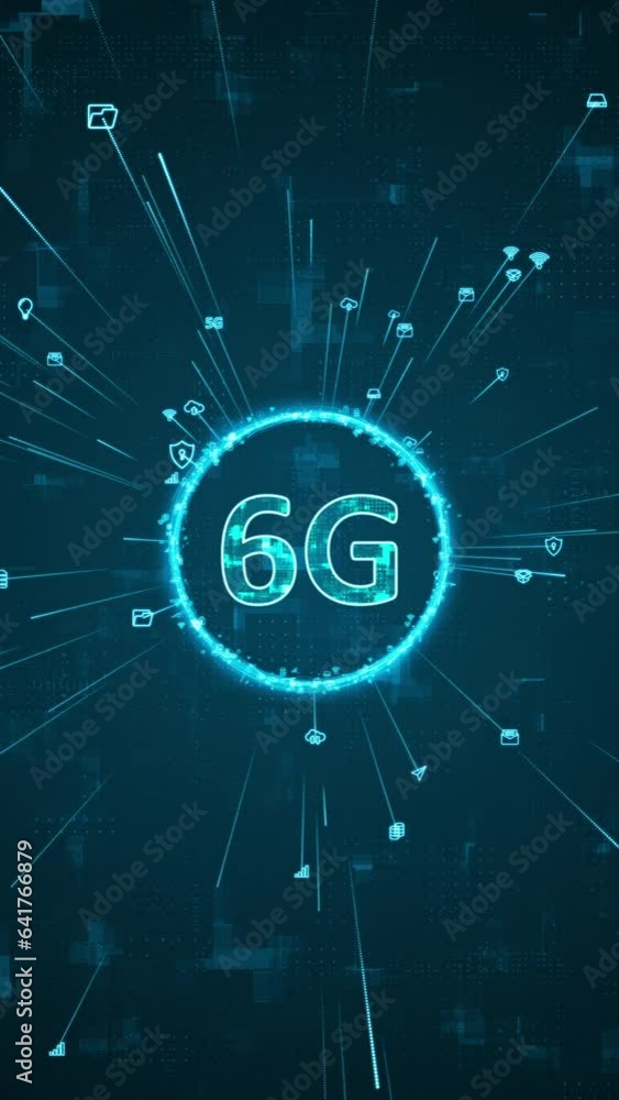 Poster motion graphic of blue digital 6g logo and ring rotation around logo with ai icon spread and line li