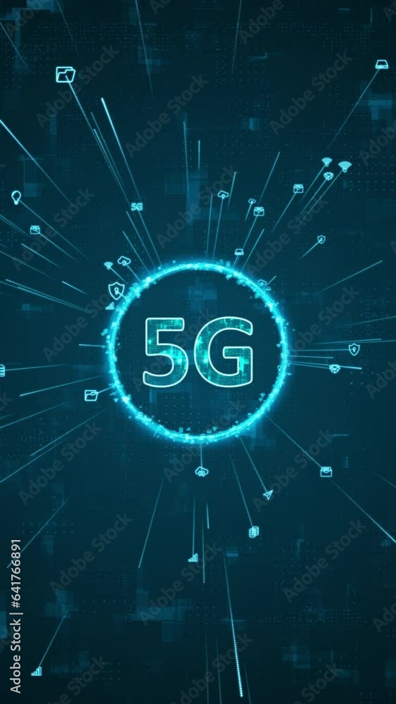 Poster motion graphic of blue digital 5g logo and ring rotation around logo with ai icon spread and line li