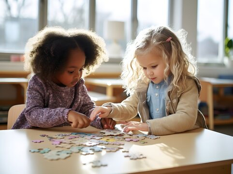 two small children playing at a table in a kindergarten or in a playroom in an elementary school