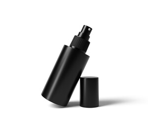 Blank Black matte plastic  Cosmetic Spray Bottle packaging isolated on transparent background, prepared for mockup, 3D render.
