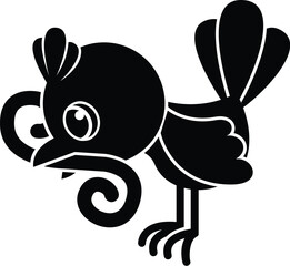 Black and White Cartoon Vector Illustration of a Baby Bird Catching a Worm