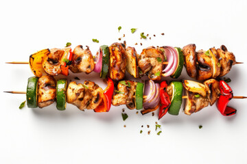 Tasty grilled chicken skewer with vegetables on wooden sticks isolated on white background, top view.generative ai
