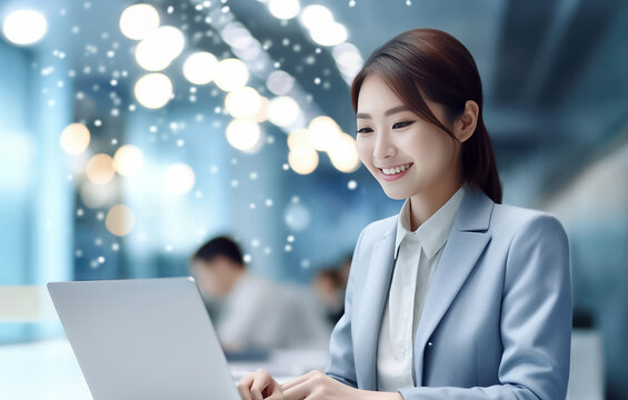 Tech-inspired setting with a blue laser web connection effect, a young technologist woman is seated, engrossed in her laptop. Dressed casually, she smiles as she works indoors. Generative AI.