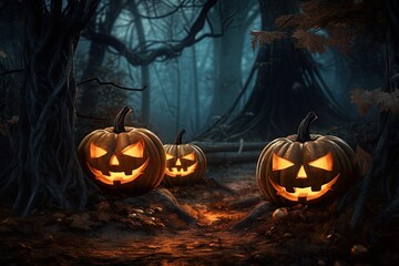 Halloween pumpkins in the dark forest. Scary halloween concept.Generative Ai
