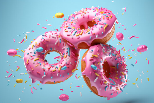 Three beautiful and tasty levitating donuts with pink icing and sprinkles on a beautiful blue background.generative ai
