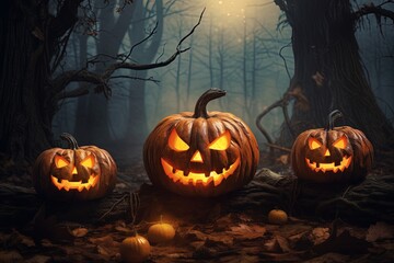 Fototapeta premium Halloween pumpkins in the dark forest. Scary halloween concept.Generative Ai