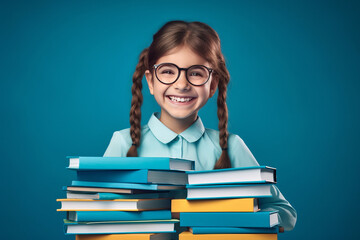 Smiling happy girl in glasses and pigtails on a background of school books on a beautiful blue background, back to school theme.generative ai
