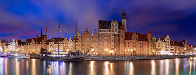 Panorama of Old Town of Gdansk, Dlugie Pobrzeze and Motlawa River at night, Poland