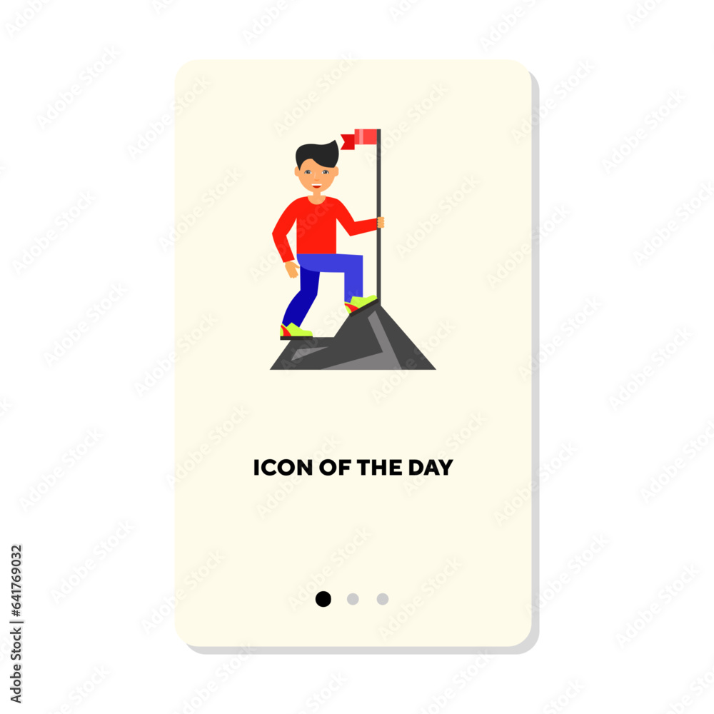 Poster movement for health flat vector icon. climber on top of mountain setting flag isolated vector sign. 