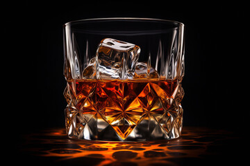 A glass of whiskey with ice on a dark background.generative ai

