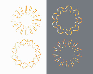 Sun burst rays icons set. Doodle hand drawn logo shapes, paint brush line strokes. Yellow gold orange gradient colours