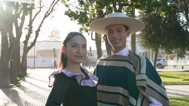 close up portrait young couple dressed in traditional huaso clothes to dance cueca