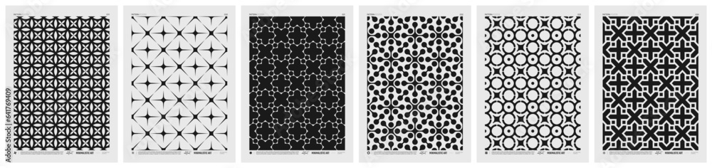 Poster abstract vector minimalistic posters with geometric pattern, black and white rhythmic repeating text