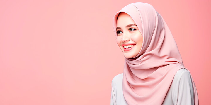 Young woman in hijab on pastel background