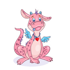 Funny pink fairytale dragon with a small heart around his neck. In cartoon style. Isolated on white background. Vector illustration. Symbol of Chinese New Year