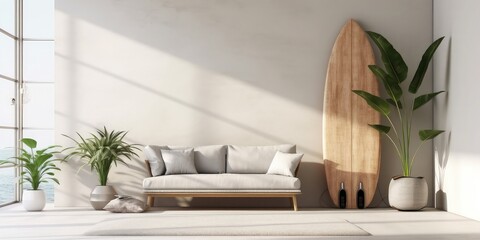 Interior of light living room with surfboard