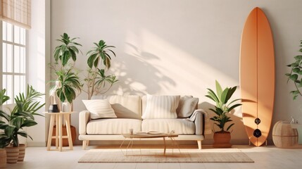 Interior of light living room with surfboard