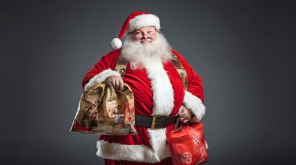 Merry Christmas Theme! Santa Claus in eyeglasses holding gifts for the children, studio shot on light gray background. Generative AI