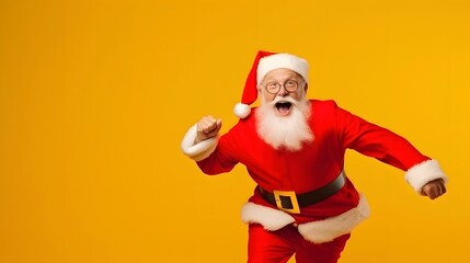 Fototapeta na wymiar Merry Christmas Theme! Santa Claus in eyeglasses cheerful dancing expression, studio shot on yellow background. Generative AI
