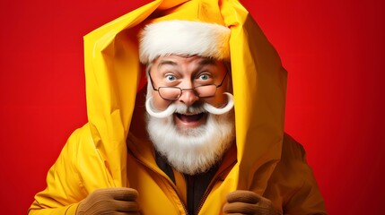 Merry Christmas Theme! Santa Claus in eyeglasses and yellow suite, studio shot on red background. Generative AI