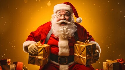 Merry Christmas Theme! Santa Claus in eyeglasses, studio shot on red background. Generative AI