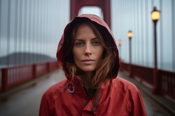 Lifestyle portrait photography of a glad girl in her 40s wearing a waterproof rain jacket at the...