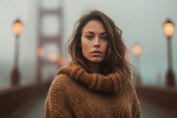 Medium shot portrait photography of a merry girl in her 20s wearing a warm wool sweater at the...
