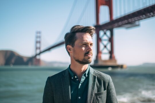 Environmental portrait photography of a glad boy in his 30s wearing a chic pearl necklace at the golden gate bridge in san francisco usa. With generative AI technology