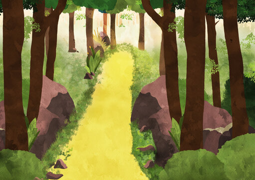 illustration for children story Forest landscape with paths 