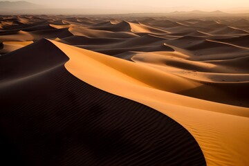 Fototapeta na wymiar Sand dunes in the Sahara desert with sunlight. Generative AI
