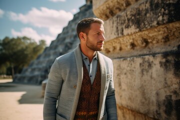 Lifestyle portrait photography of a satisfied boy in his 30s wearing a chic cardigan at the chichen itza yucatan mexico. With generative AI technology