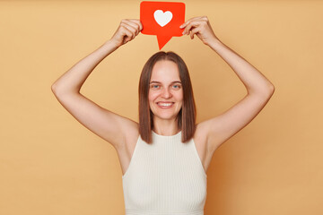 Heart icon love. Viral media sharing. Blog comments section. Cheerful brown haired young woman...