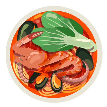 Top view jjamppong Korean Seafood Noodle Soup illustration vector 