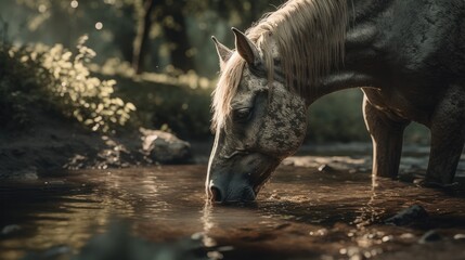 Illustration of a horse relaxing in the wild with other animals in the forest