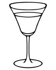 Glass with a cocktail. Sketch. Vector illustration. Crystal container with a refreshing drink. Doodle style. Outline on isolated background. Glass goblet with a long stem. Wine glass. 