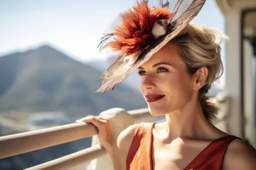 Papier Peint photo Montagne de la Table Close-up portrait photography of a merry girl in her 40s wearing a fancy fascinator at the table mountain in cape town south africa. With generative AI technology