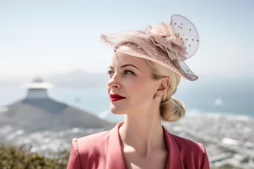 Photo sur Plexiglas Montagne de la Table Close-up portrait photography of a merry girl in her 40s wearing a fancy fascinator at the table mountain in cape town south africa. With generative AI technology