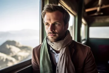 Cercles muraux Montagne de la Table Photography in the style of pensive portraiture of a grinning boy in his 30s wearing an elegant silk scarf at the table mountain in cape town south africa. With generative AI technology