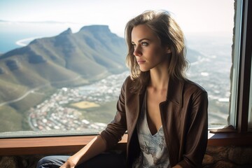 Naklejka premium Photography in the style of pensive portraiture of a blissful girl in her 30s wearing a polished vest at the table mountain in cape town south africa. With generative AI technology