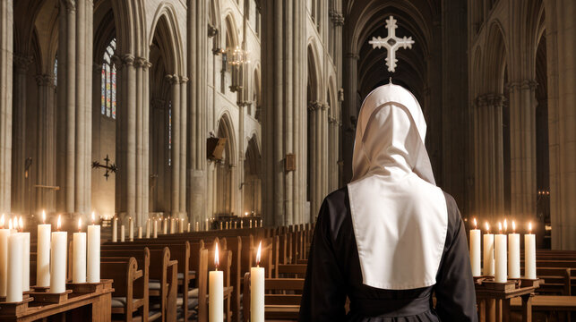 Une nonne regarde une croix dans une cath&eacute;drale gothique