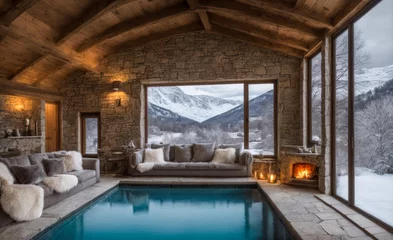 Fototapeten Salon chaleureux en bois et pierres d'un hôtel de luxe avec une piscine et une cheminée en hiver avec vue panoramique sur les montagnes enneigées © Morgan