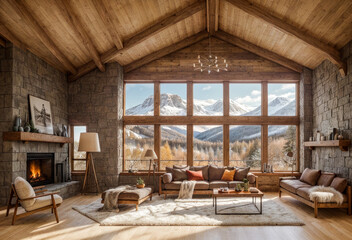 Salon chaleureux avec une cheminée dans un chalet en bois en hiver et vue panoramique sur les montagnes enneigées - obrazy, fototapety, plakaty