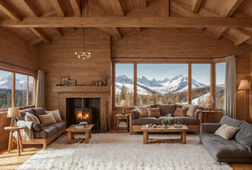 Obraz na płótnie Canvas Salon chaleureux avec une cheminée dans un chalet en bois en hiver avec vue sur la montagne