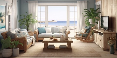 Fototapeta na wymiar A contemporary rustic beach house living room